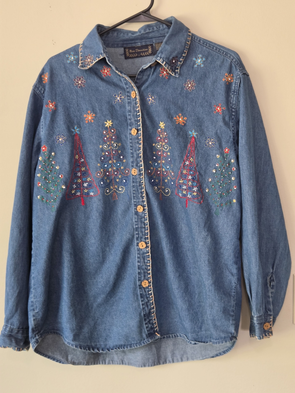 Vintage 90s New Direction Christmas Tree Embroidered Beaded Denim Shacket M